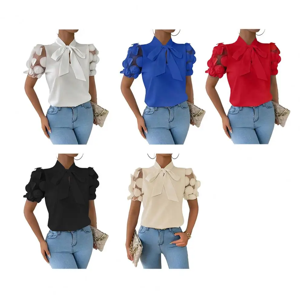 

Винтажные блузки, женские белые рубашки с воротником-стойкой, 2025 Camisas De Mujer, лоскутное кружево, тонкая талия, модные топы с милым бантом, стильные топы