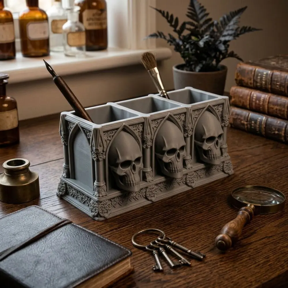 3D Printed Halloween Skull Pen Holder Spooky Gothic Style Skeleton Flower Planter Pot Raised Relief 3-Slot Skull Desk Organizer