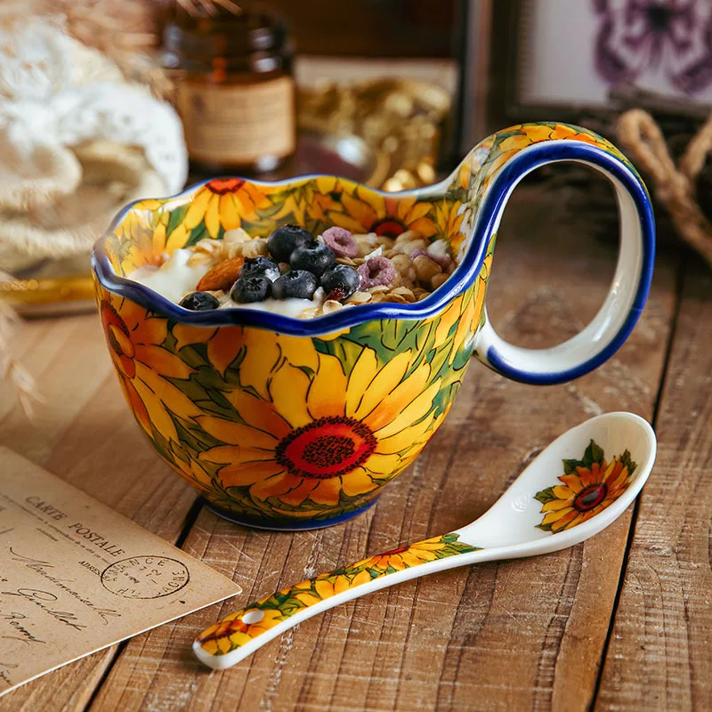 Sunflower cup and spoonful two-piece set of underglaze tableware