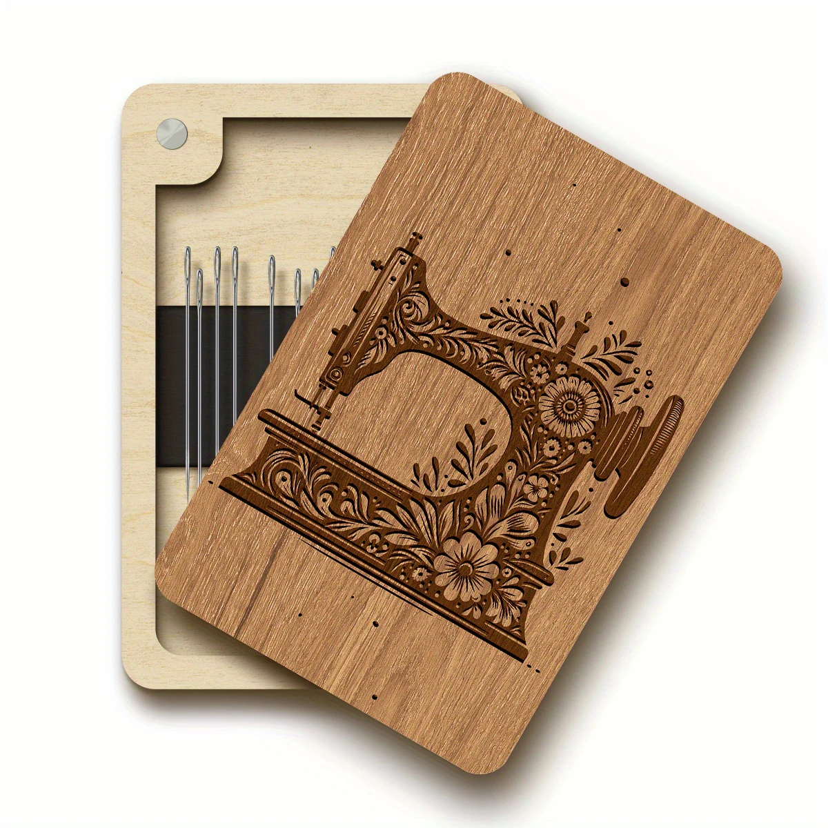 Caja y caja de almacenamiento para agujas magnéticas con temática de máquina de coser, organizador de madera para suministros de costura y sala de manualidades, almacenamiento de costura, 1 Uds.