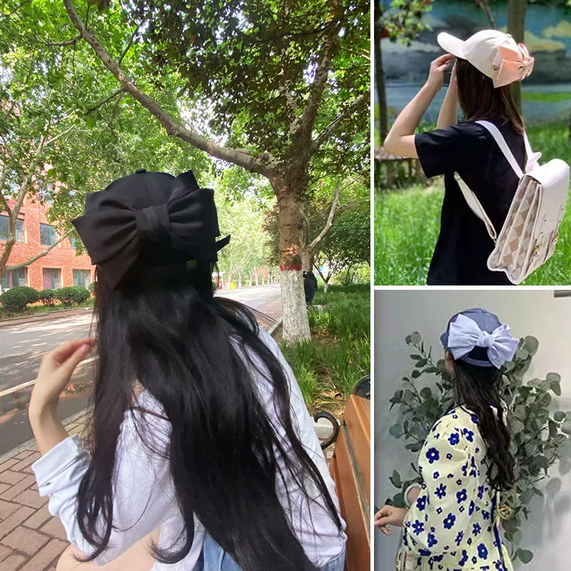 Spring Summer Sweet  Color Baseball Cap with Large Bow Tie Slimming Girl's Sunshade Casual Cotton Hard Top Duckbill Hat