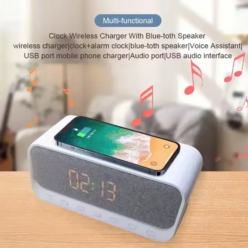 15W Fast Wireless Charger Bluetooth Speakers Bass Loud Stereo Music Box Wireless Charging Digital Alarm Clock USB Card FM Radio