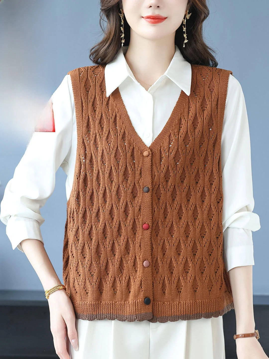 V-Ne Knitted Open Cardigan Top Women's Autumn Winter Loose Wool Vest Outerwear oulder Pad Vest Commute Sle ort Length