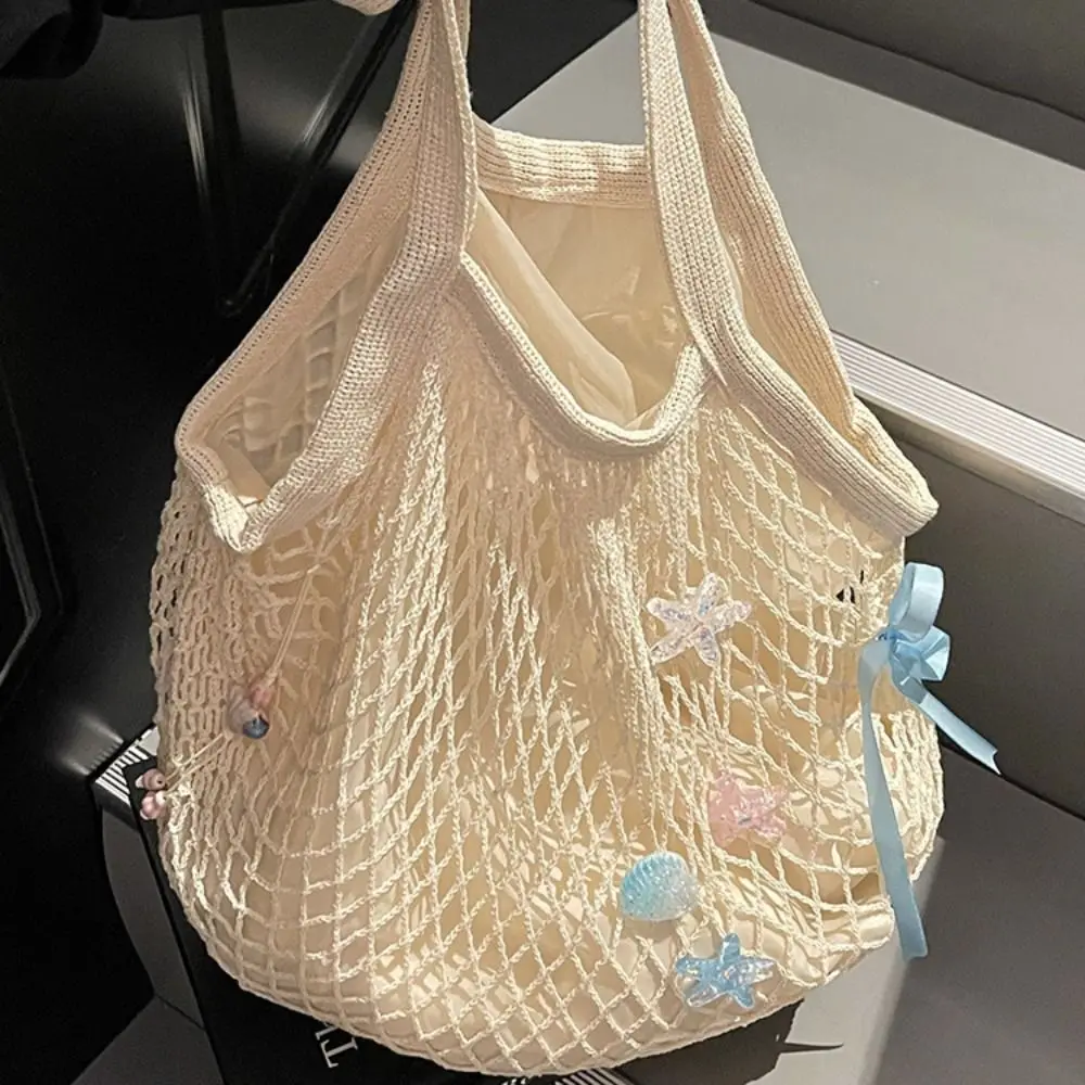 Fashion Portable Hollow Woven Shoulder Bag Large Capacity Starfish Woven Grocery Bag Bow Polyester Vacation Beach Bag Outdoor