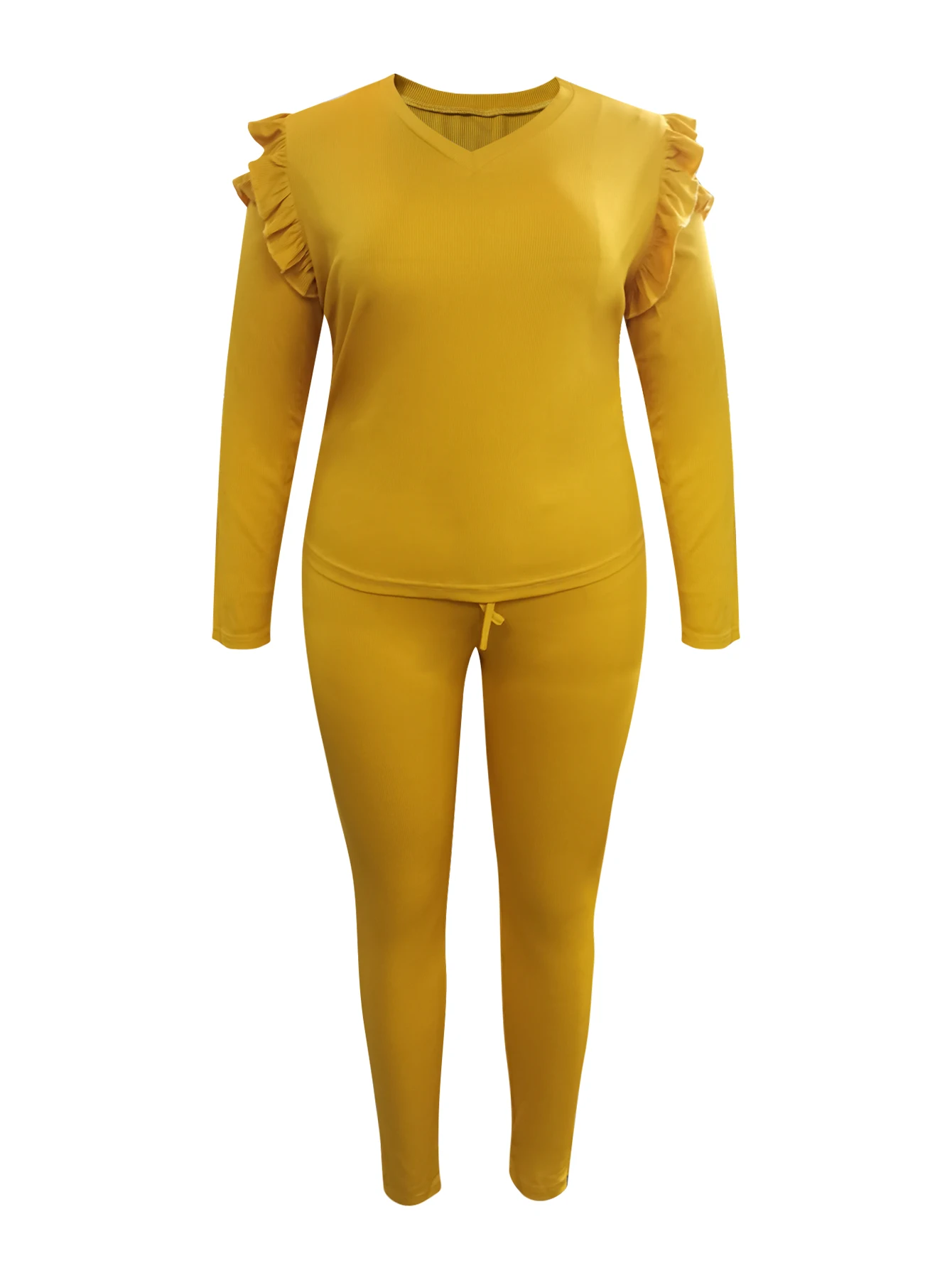 LW-Ensemble de survêtement à volants pour femme, haut à manches longues et pantalon, design décontracté, grande taille, automne, 2 pièces