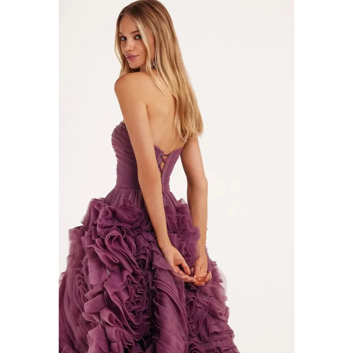 Nieuwe Couture SexyPurple Tiered Galajurken Off Schouder Enkellange Tule Strapless Galajurk Een Lijn Weelderige Galajurk Backless