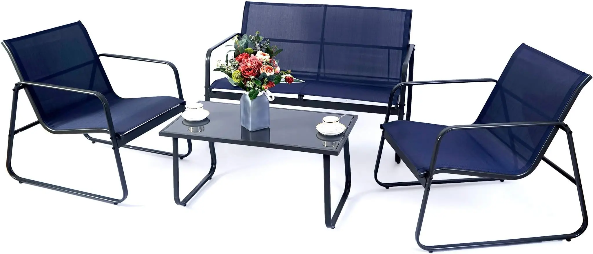 

4-Piece Patio Outdoor Furniture Set with Strong Powder Coated Metal Frame One Love Seat, Two Single Chairs and one Table