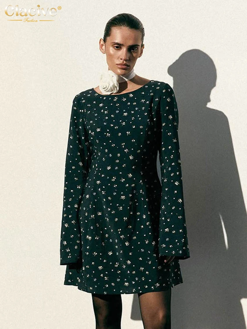 

Clacive Fashion Loose Print Women's Dress 2026 Spring O-Neck Long Sleeve Mini Dresses Elegant Classic Female Dress Streetwear