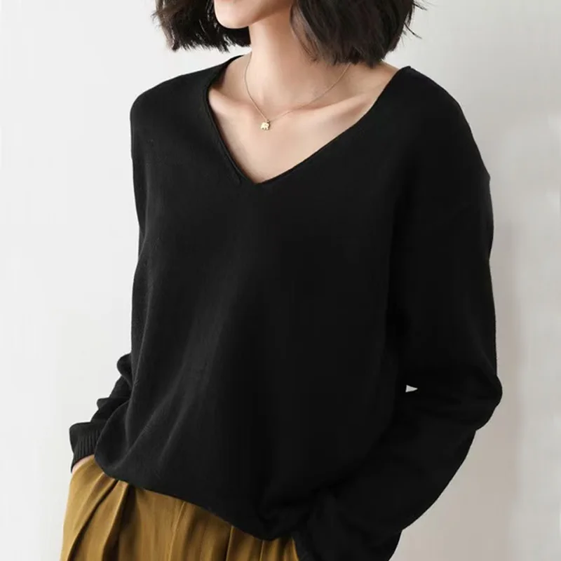 

fashion korean Women loose V-Neck Solid Pullover Sweater Autumn And Winter Long-Sleeved Knit Bottoming Shirt Large Size Sweaters