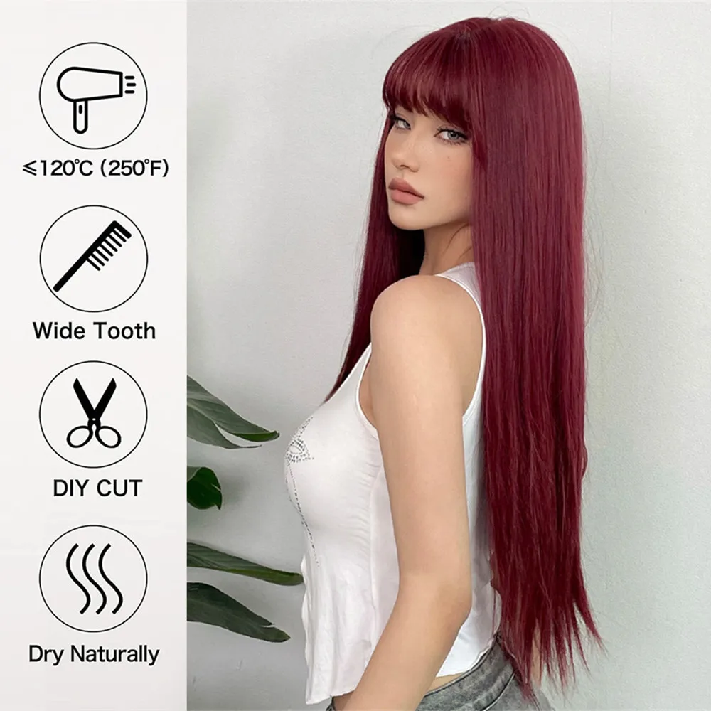 ALAN EATON Long Wine Red Hair Natural Straight Wigs with Bangs Burgundy Daily Party Synthetic Wig for Women Heat Resistant Fiber