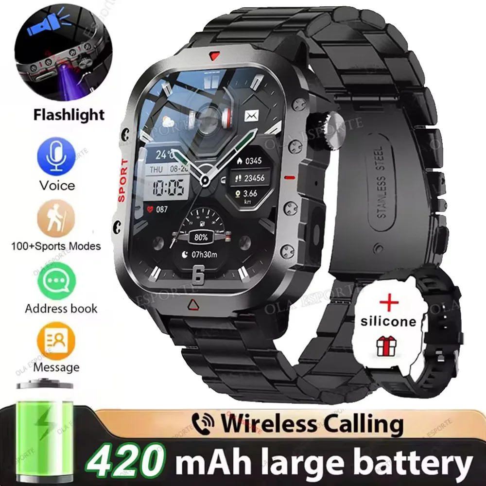 2026 Nieuwe Militaire kwaliteit Smart Horloge Mannen GPS Zaklamp 3ATM Waterdicht Horloge Bluetooth Oproep 100 + Sport Outdoor Smartwatch Pk MA27