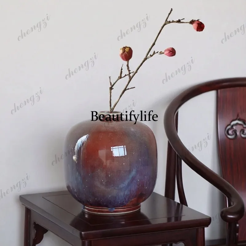 New Chinese Zen, red glaze vase, small mouth flower ware, home living room, tea room soft decoration ornament