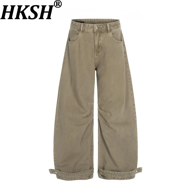 

HKSH Autumn Men's Tide Safari Style Streetwear Wide-Leg Jeans Men High Street Fashion Design Cuff Tie Washed Denim Pants HK17815