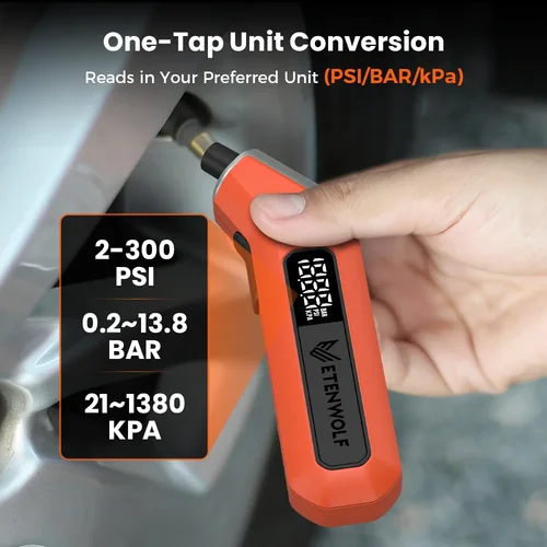 Imagen 2 del producto Manómetro Digital para Neumáticos ETENWOLF T300, 3-200 PSI, Calibrado Según ANSI B40.7 Grado 2A, Manómetro Industrial para Neumáticos, Baterías 3A