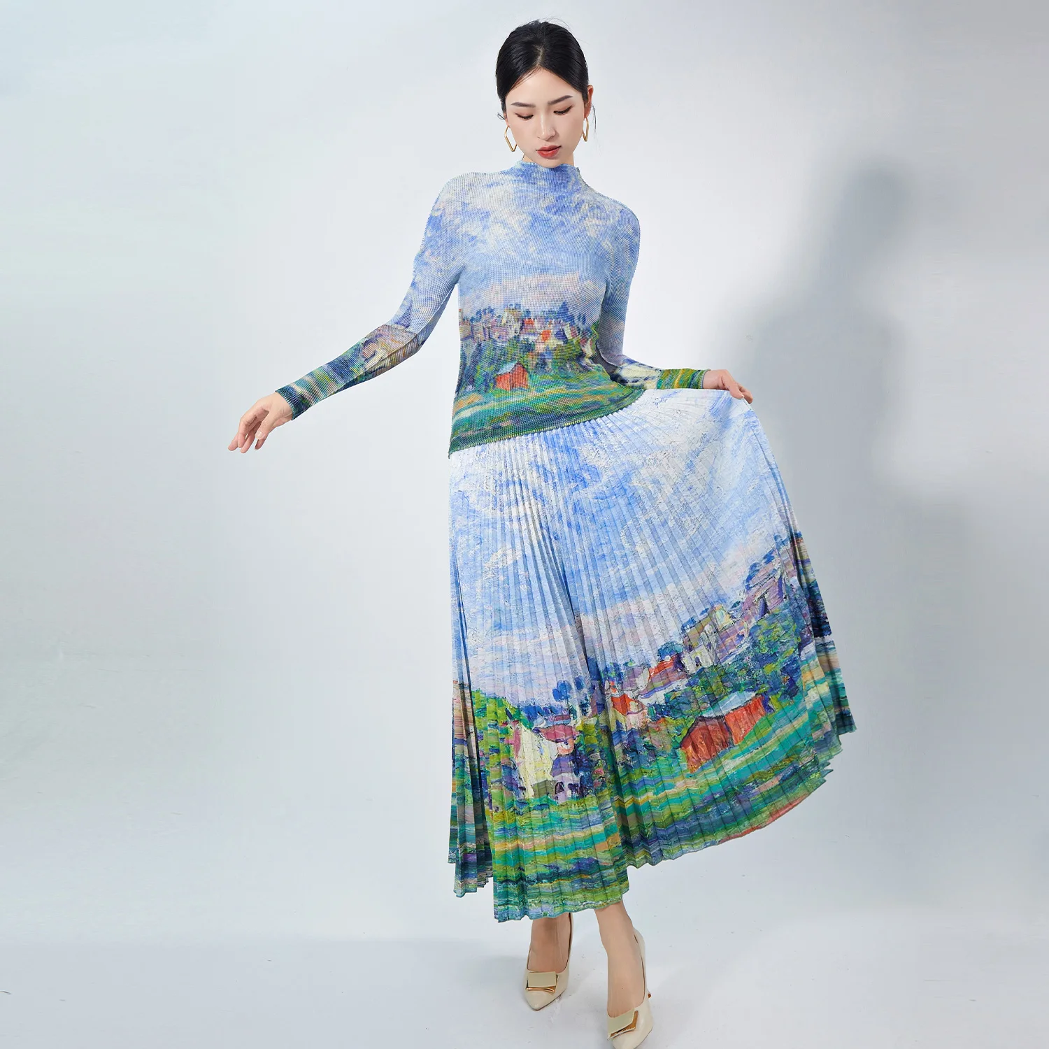 Pleated Unique Women Two Piece Set Casual Elegant Ankle Length Maxi Skirt and Top Printed Stretch Polyester Fabric Spring Summer