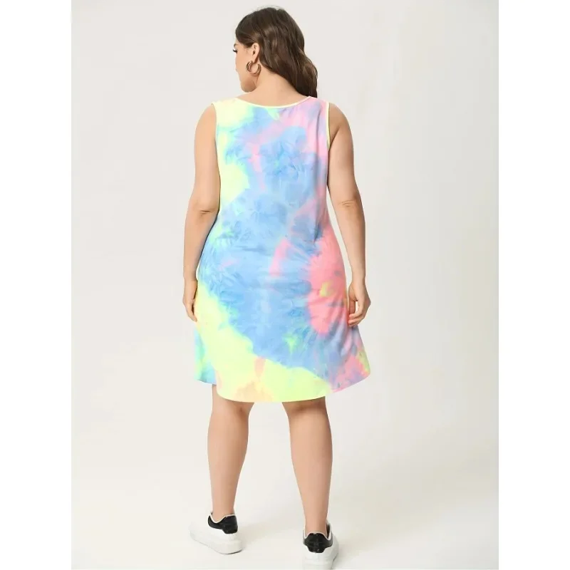 Sukienka damska plus size 1XL-5XL, codzienna i modna, bez rękawów, z efektem tie-dye, idealna do dojazdów do pracy.