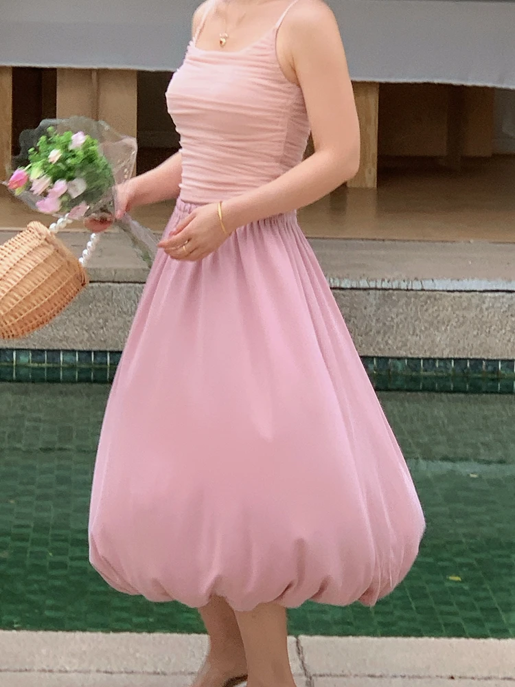 Elastic Knitted Half Skirt Women's Design Sensation Pink Floral Bouffant Skirt High Waist Long Skirt Pure Color Commute Style