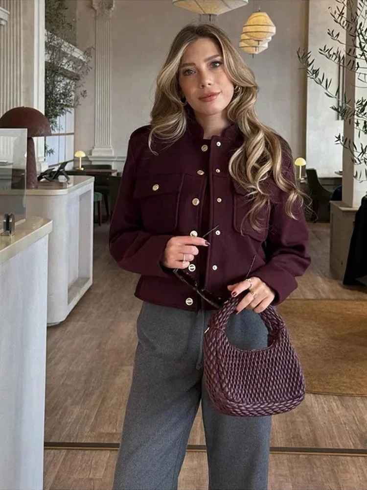 

Casual Office Commute Female Outerwears Vintage Wine Red Cropped Jacket Women Stand Collar Metal Buttons Pocket Wool Blend Coat