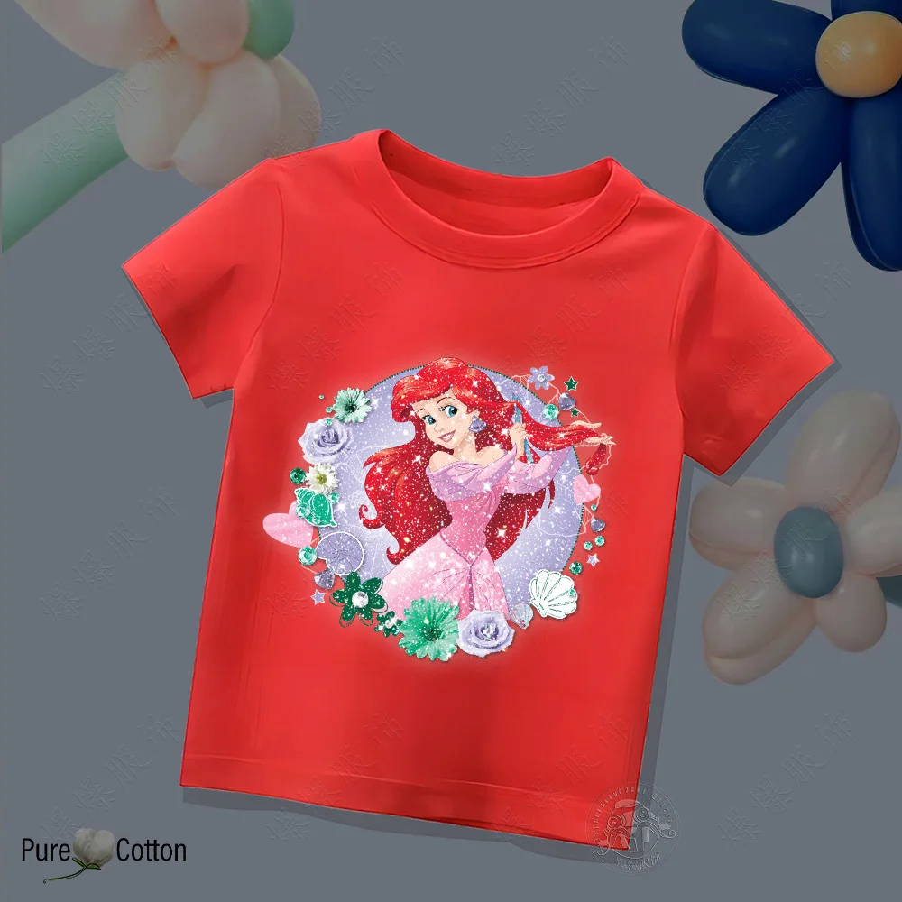 Disney Princess Ariel Cotton Kids T-shirt tops Summer Fashion Crew-neck short-sleeved Cartoon Girl Soft T-shirt