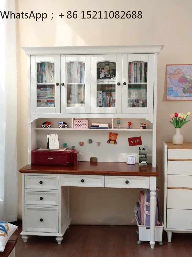 LLY all solid wood desk bookshelf integrated table children's combination bookcase student home computer study table