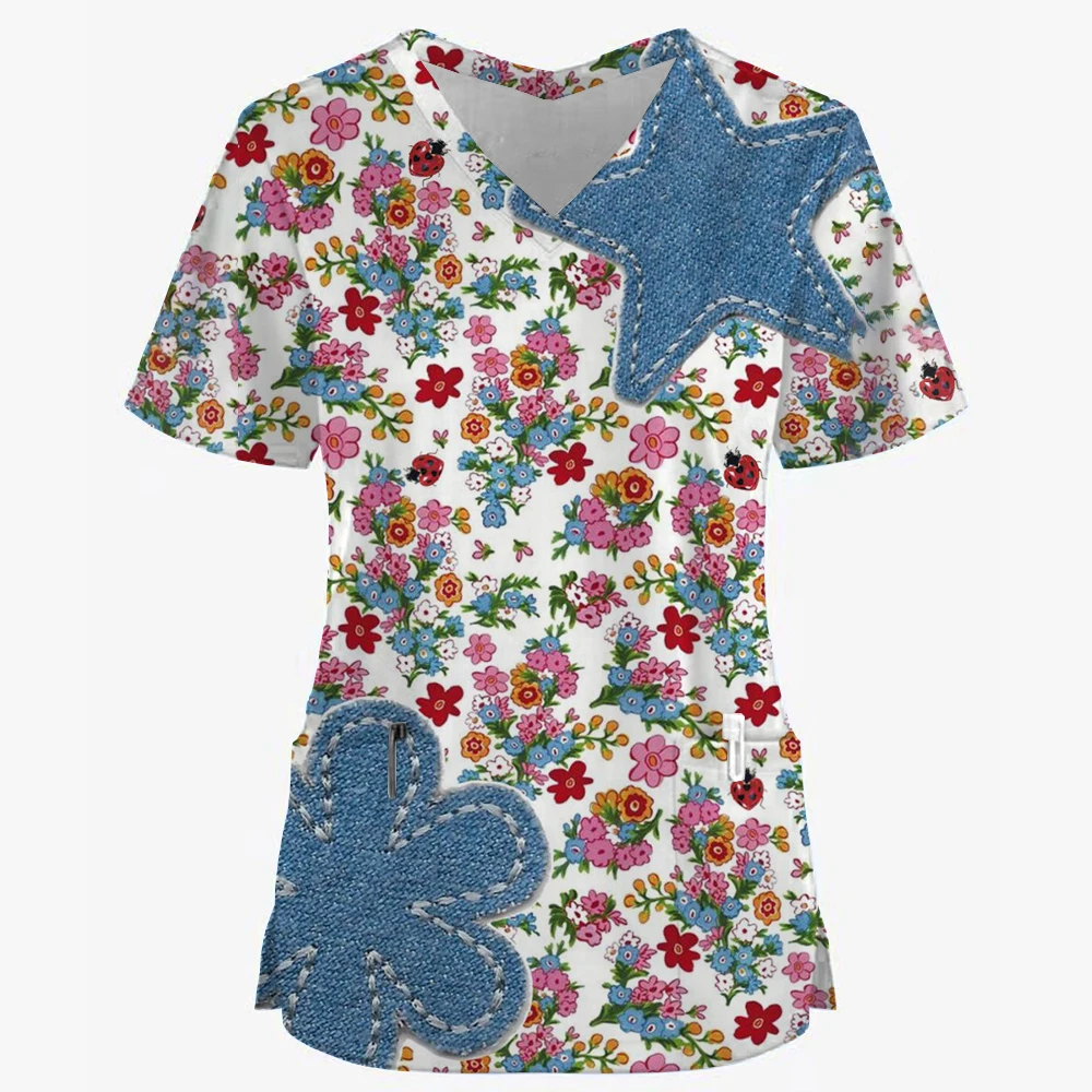 

Floral Nurse Top -Stretch Fit with Handy Pockets &Soft V-Neck-Fashionable, Breathable, Work-Ready Health CarUniform for Women