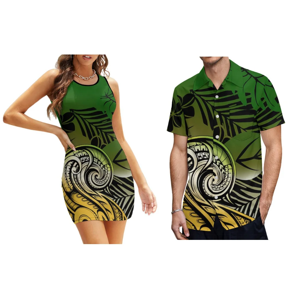 

Polynesian Custom Summer Beach Sexy Sleeveless Dress Men's Shirt 2024 Artistic Seaside Party Couple Set