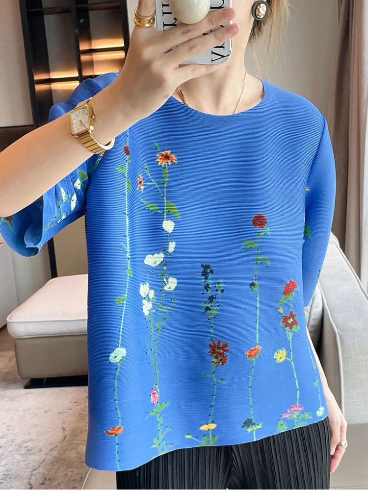 LANMREM Print Pleated T-shirt For Women O-neck Lantern Sleeves Loose Tops Fashion 2024 Female Summer New Clothing 2Z1708