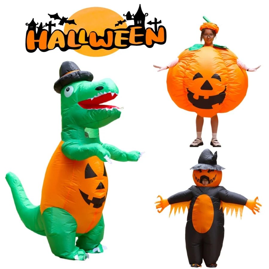 Fiesta de Halloween Caminando Dinosaurio Juego de rol Disfraz inflable Hombre de calabaza Estilo temático de Halloween con ventilador y caja de batería, lata