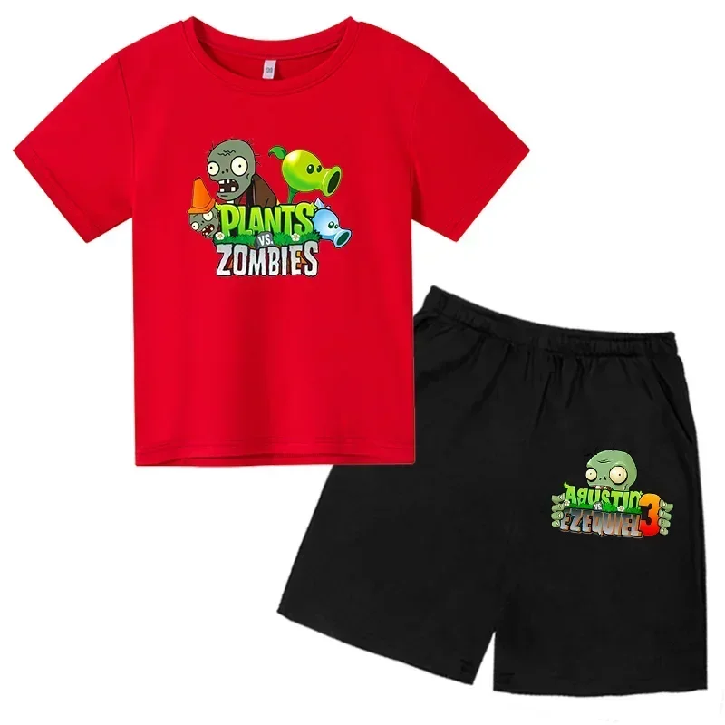 

Children’s T-shirt set, suitable for boys/girls. Casual top, short-sleeved garment, clothing set with plant/anime/zombie prints.