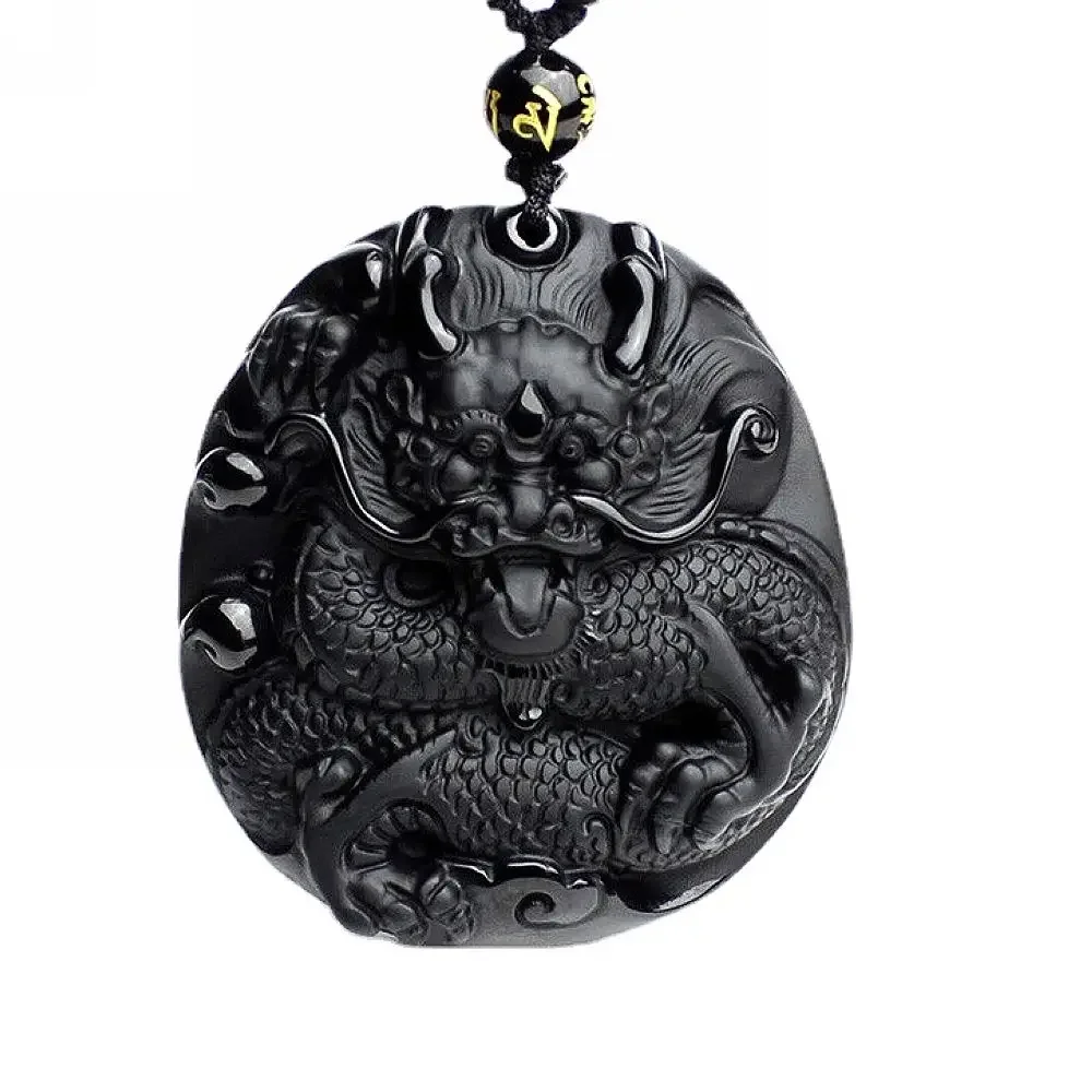 

Natural black Obsidian dragon Necklace Amulet pendant Bead with adjustable bead Chain for Wen or Women