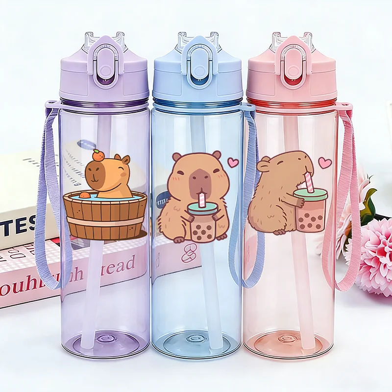 

Capybara Kid Water Bottle with Straw Cute Anime Print Boy Girl Handheld Lifting Rope Water Bottle Sport Portable Cup Kawaii Gift