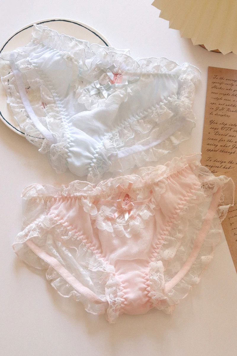 Kawaii Lingerie Lace Underwear Women Girls Blue Pink Panties Briefs Japanese Sexy Cute Thongs Lolita Panty Ruffles Mid-rise New