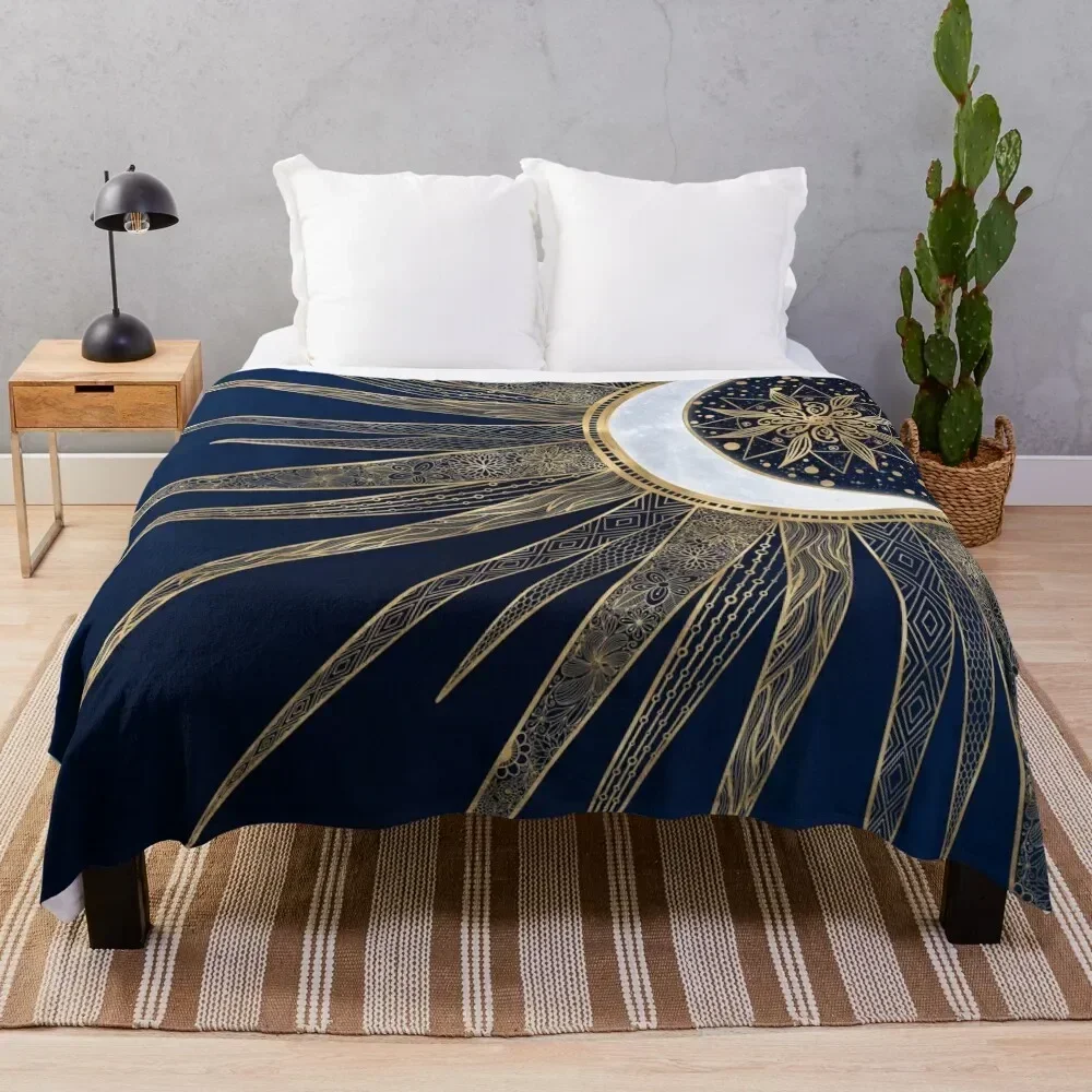 

Blue Gold Sun Moon Mandala Doodling Art Throw Blanket Bed Fashionable Flannel Fabric Travel Beautifuls Blankets