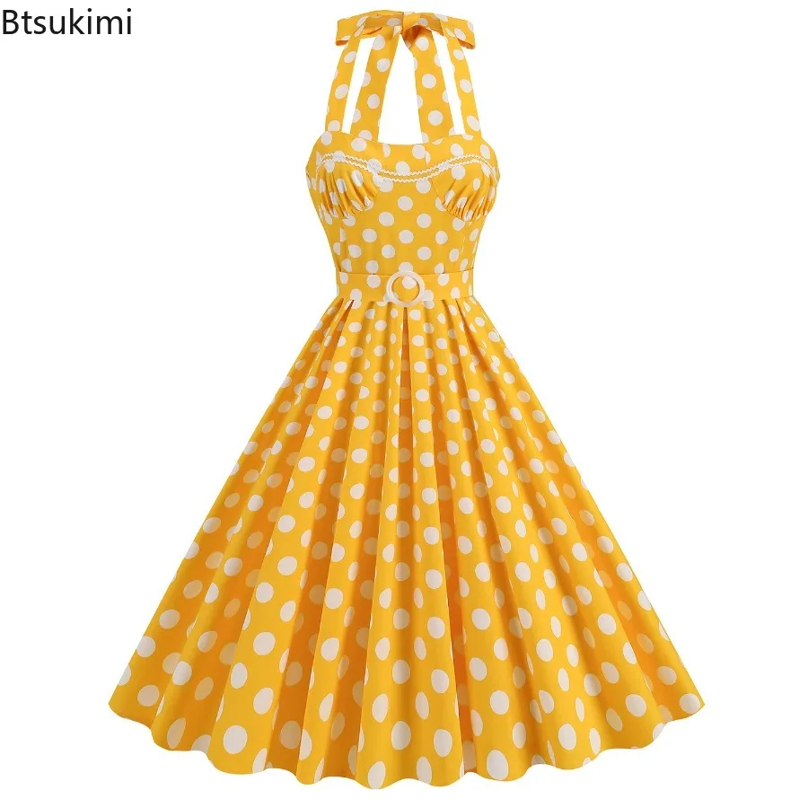 

2025 Vintage Casual Women's Sexy Strapless Big Swing Dress Polka Dot Print Yellow Sleeveless Summer Dress Rockabilly Party Dress