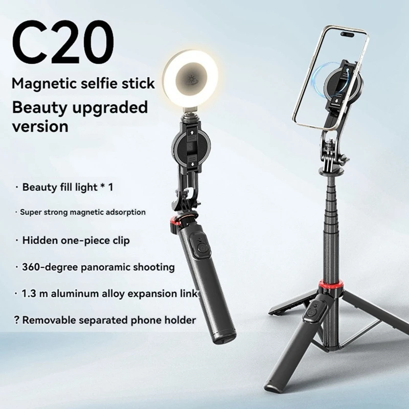 Tripé extensível para celular, bastão de selfie com tripé remoto sem fio, mini luz de preenchimento, suporte telescópico