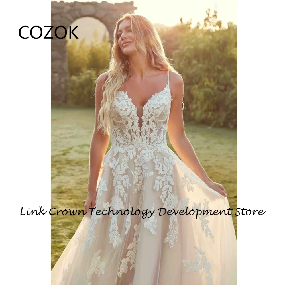 COZOK Spaghetti Straps Champagne Wedding Dresses with Lace 2024 Summer Sleeveless Bridal Gowns New Sleeveless Vestidos De Novia