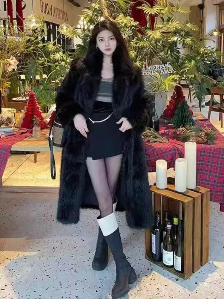 Fashion Long Fur Coat Women's New Elegant High-end Sense Faux Fox Fur Black Thickened Environmentally Friendly Warm Mao Mao Coat