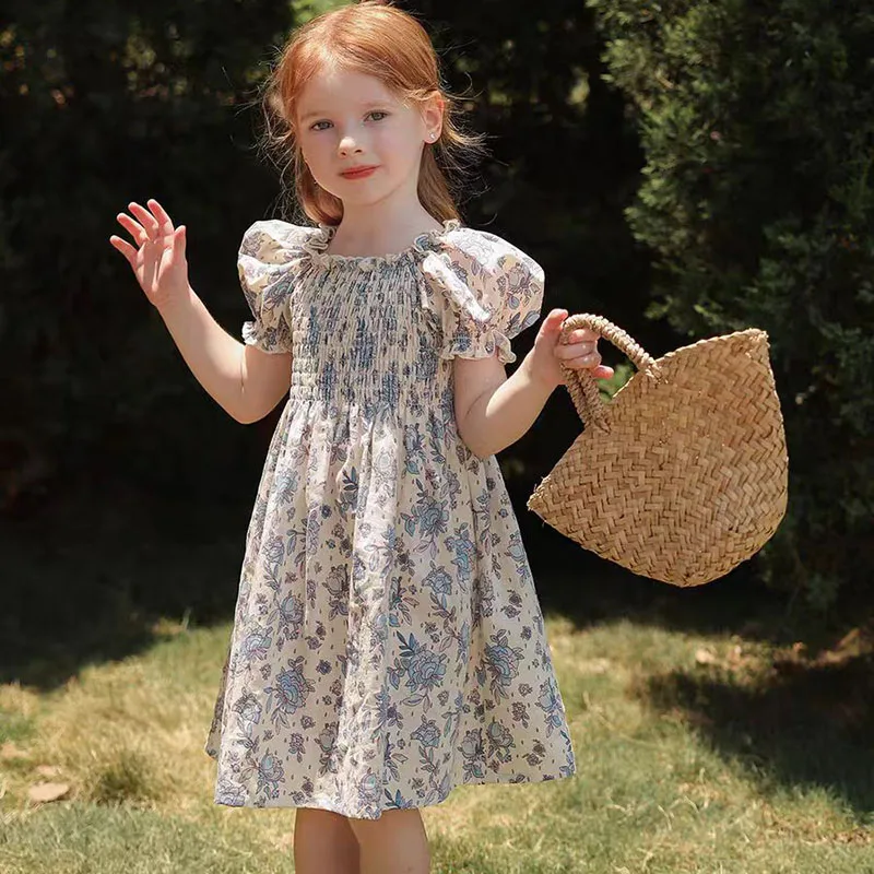 2025 New Summer Sister Clothing Kids Princess Dresses Short Sleeved Cotton Flower Print 2-6Yrs Baby Girl Party Dress