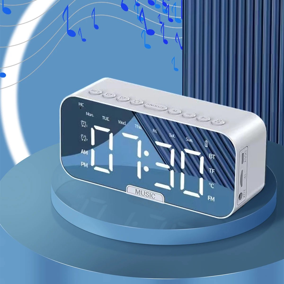 Mirror Digital Alarm Clock Bluetooth Speaker with Temperature Display, FM Radio, TF Card Playback, Dual Alarms, Multifunctional