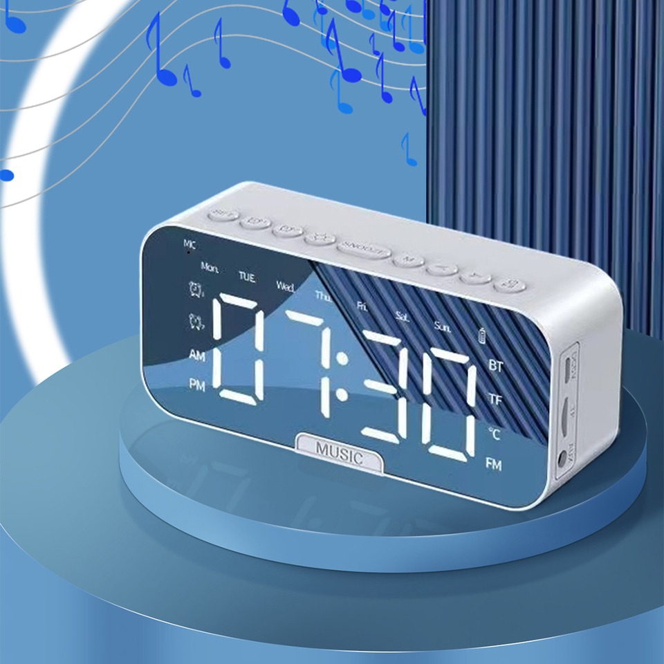  Mirror Digital Alarm Clock Bluetooth Speaker with Temperature Display, FM Radio, TF Card Playback, Dual Alarms, Multifunctional 