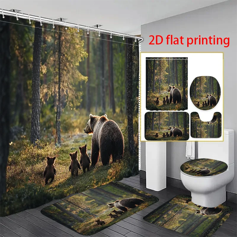 

4 шт., 2D плоская печать, занавеска для душа, набор занавесок для душа «Медведь и кубики в лесу», занавеска для душа, подарок для женщин Inciudes