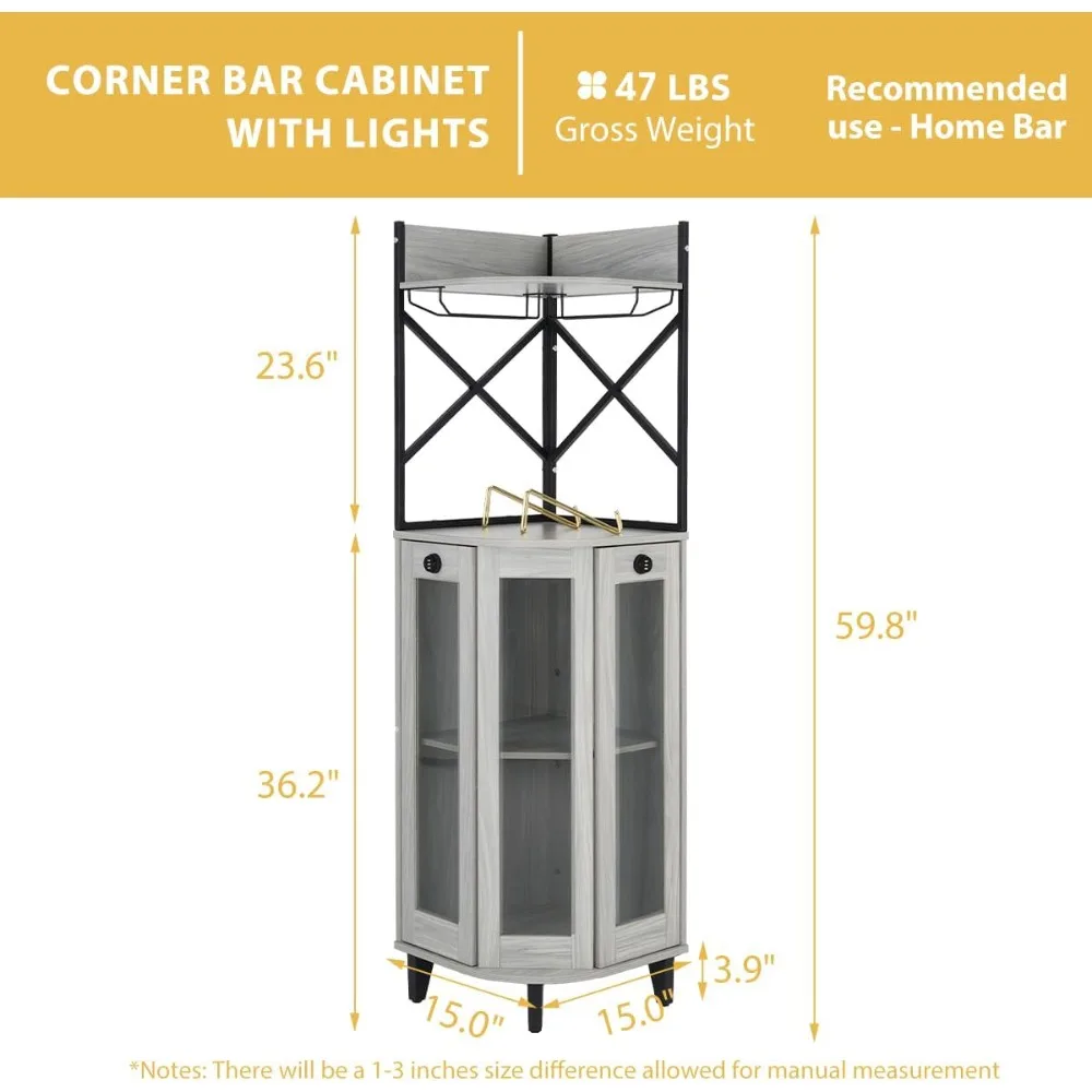 ตู้ไวน์มุมพร้อมบานกระจกแบบล็อคได้และไฟ LED, ชั้นวางเหล้า 4 ชั้น, บาร์บ้านสไตล์โมเดิร์นฟาร์มเฮาส์สำหรับห้องครัว/ห้องรับประทานอาหาร