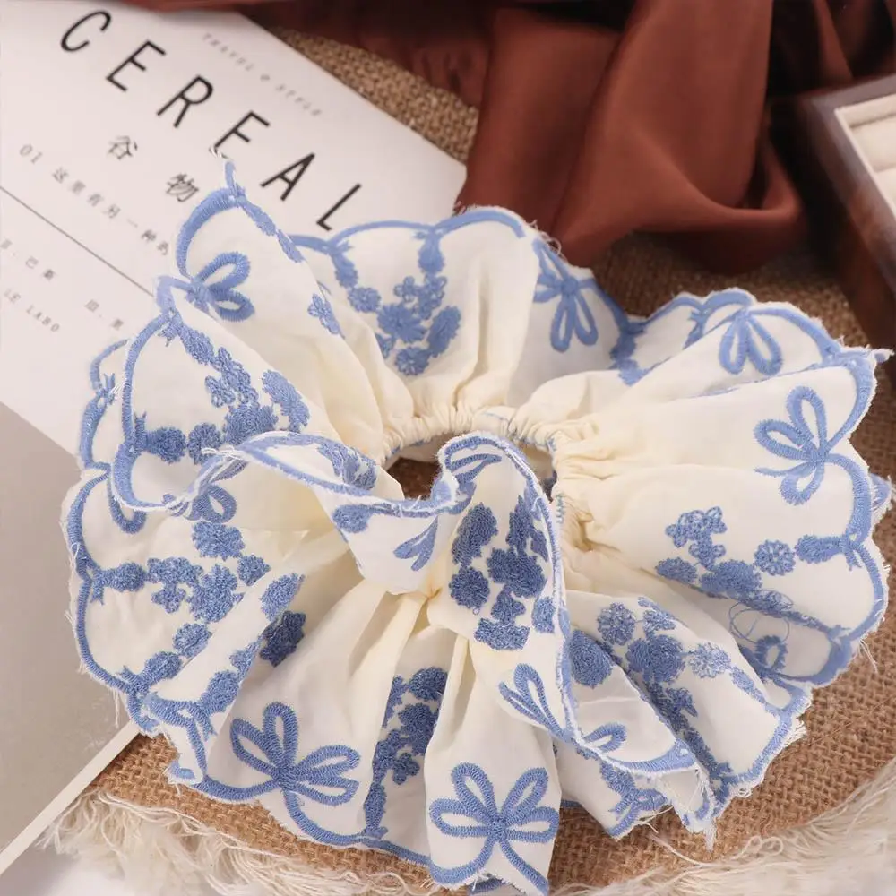 Exquisite Flower Shape Lace Scrunchies Bow Cloth Embroidery Large Hair Scrunchies Blue Hair Tie Exaggerated Hair Rope Girl