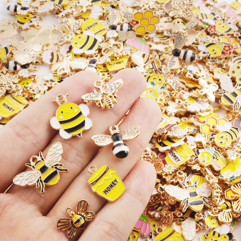 10/30/50/70PCS Mixed Gold Color Alloy Enamel Bee Honeycomb Honey Charms Pendant For DIY Earrings Bracelet Jewelry Accessories