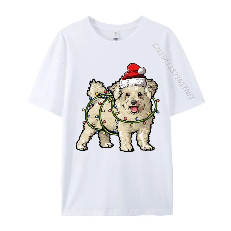 Cute Bichon Frise Santa Christmas Tree Lights Xmas T-Shirt Tops Men Cotton Tee Camisas Basic Tops Fashionable