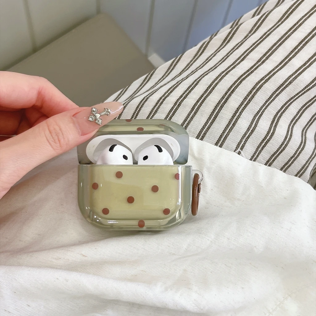 Vintage Minimalist Semi‑Transparent Green Polka Dot With Hook Shock Proof Earphone Cover Case for AirPods 3 4 Pro 2 Pro 3