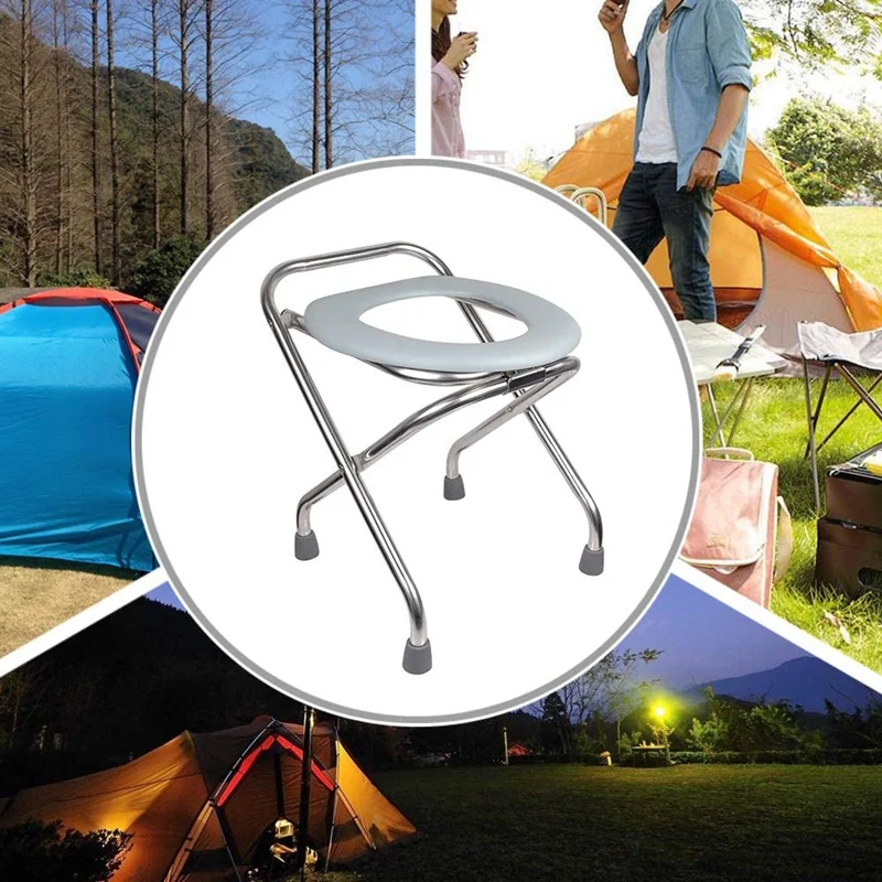 Outdoor Folding Commode Portable Toilet Seat, Stainless Steel Portable Potty Commode Chair,Perfect For Camping,Traveling