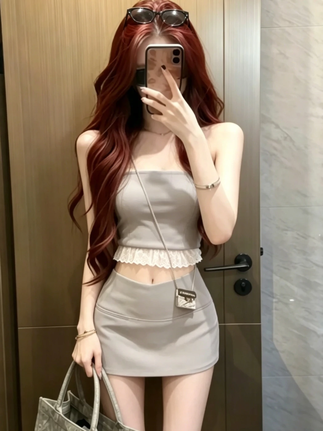 

Summer Korean Style Women's Fashion Set High Waist A-Line Skirt with Lace Hemline Top And Short Skirt Two-Piece Ensemble