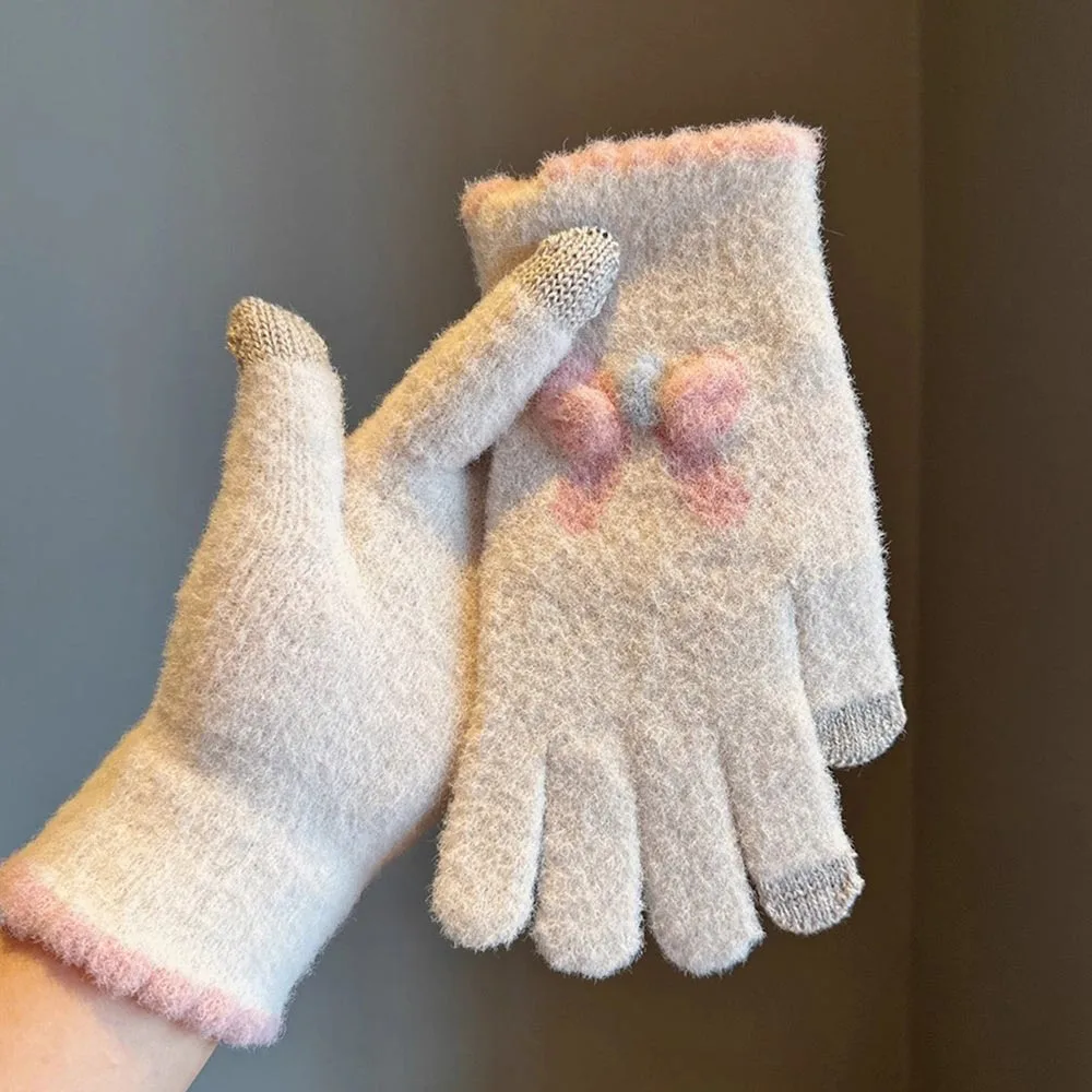 Elastic Thicken Warmth Women Knitted Gloves Touch Screen Soft Winter Gloves Bowknot Windproof Cycling Five Finger Gloves