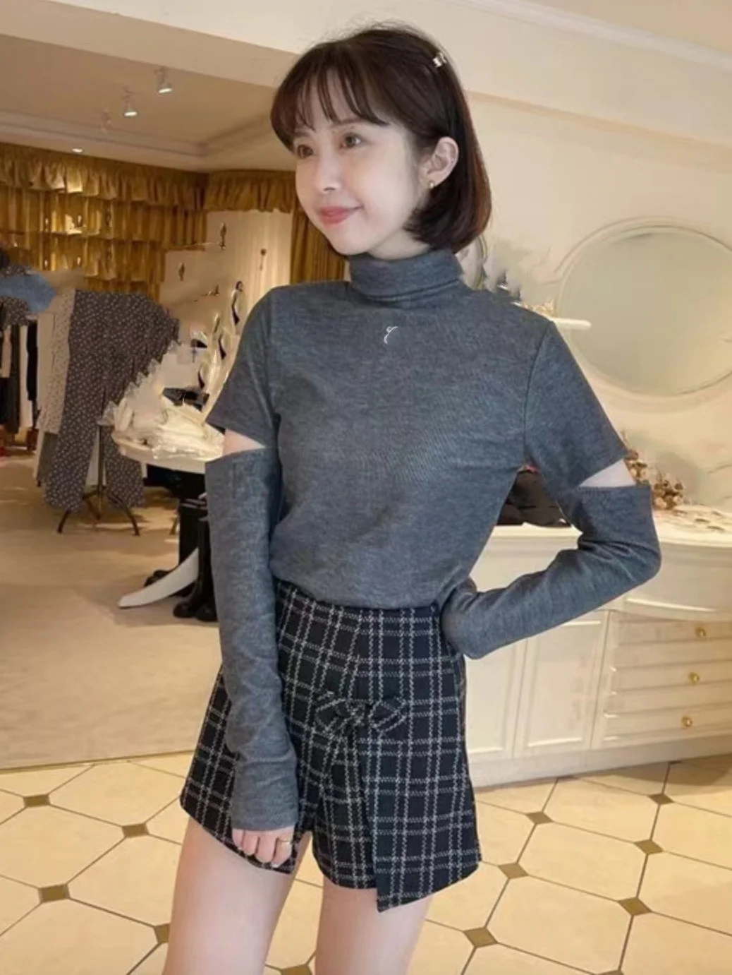 

Sweet Base Layer! Pure round Neck Ep1ne Embroidered Letter Knitted Shoulder Bared Sweater High Collar Long Sleeve Slim Fit Co...